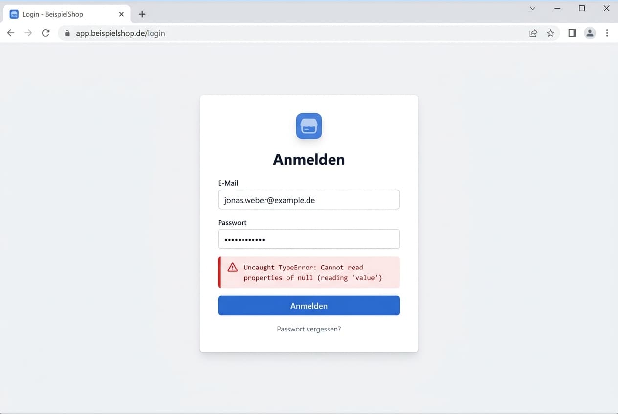 Screenshot einer Login-Seite mit einer JavaScript-Fehlermeldung
